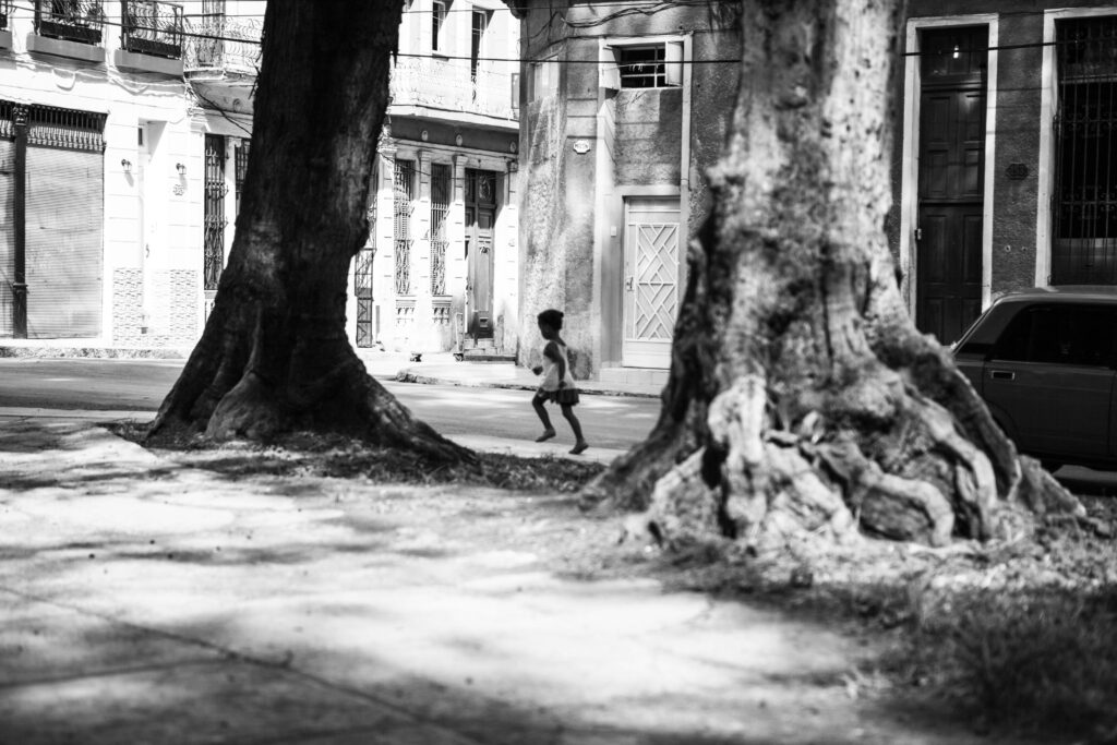 Kleines Mädchen läuft barfuß zwischen zwei großen Bäumen auf einer Straße in Havanna, Kuba, vor kolonialen Wohnhäusern.